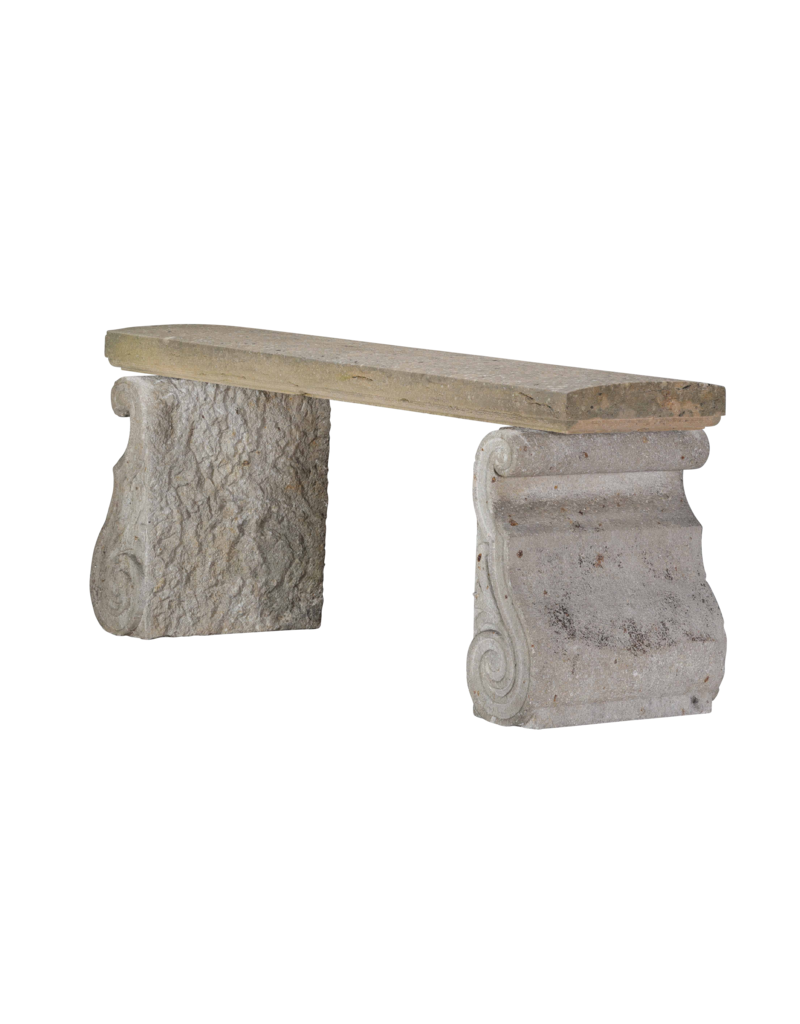 Maison Leon Van den Bogaert Original Antique French Limestone Garden Bench – Architectural Stone Elements with Sculptural Scroll Bases