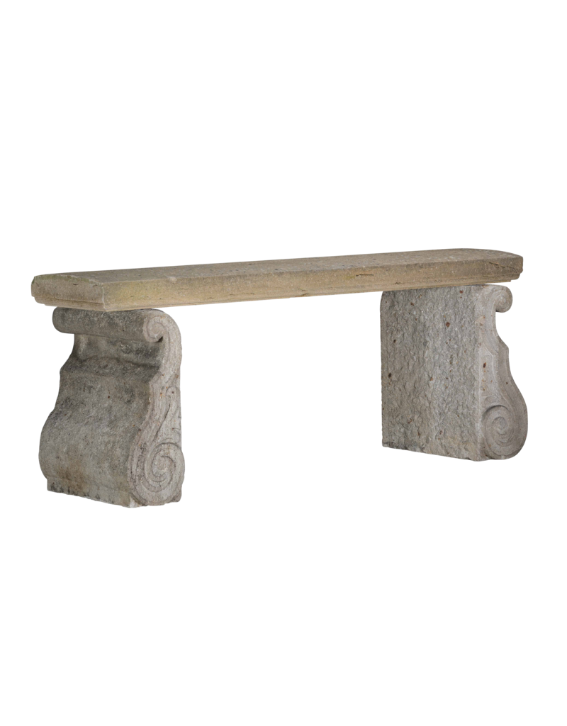 Maison Leon Van den Bogaert Original Antique French Limestone Garden Bench – Architectural Stone Elements with Sculptural Scroll Bases