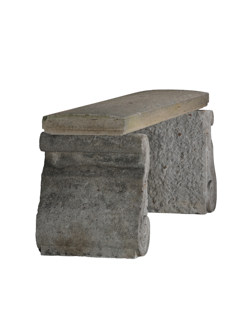 Maison Leon Van den Bogaert Original Antique French Limestone Garden Bench – Architectural Stone Elements with Sculptural Scroll Bases