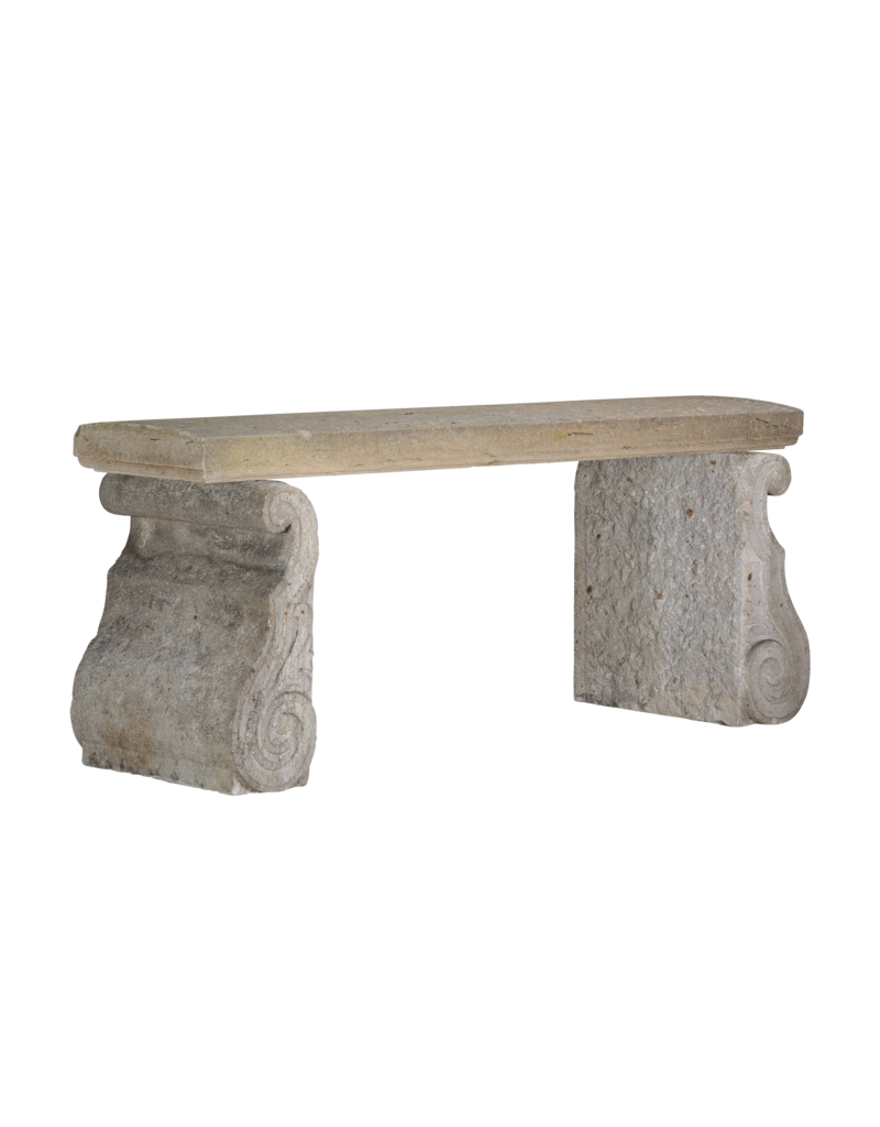 Maison Leon Van den Bogaert Original Antique French Limestone Garden Bench – Architectural Stone Elements with Sculptural Scroll Bases