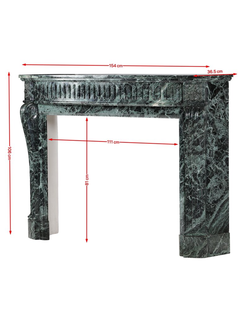 Authentic 19th Century Haussmannien Green Marble Fireplace Mantel – Louis XVI Style with Galbed Fronton and Sculptural Tablet – French Mondial Chic