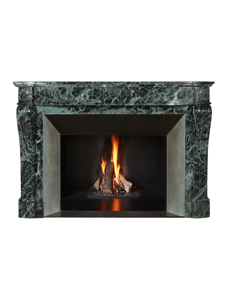 Maison Leon Van den Bogaert Authentic 19th Century Haussmannien Green Marble Fireplace Mantel – Louis XVI Style with Galbed Fronton and Sculptural Tablet – French Mondial Chic