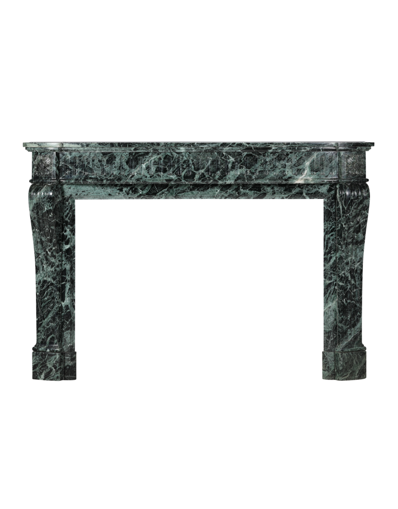 Authentic 19th Century Haussmannien Green Marble Fireplace Mantel – Louis XVI Style with Galbed Fronton and Sculptural Tablet – French Mondial Chic