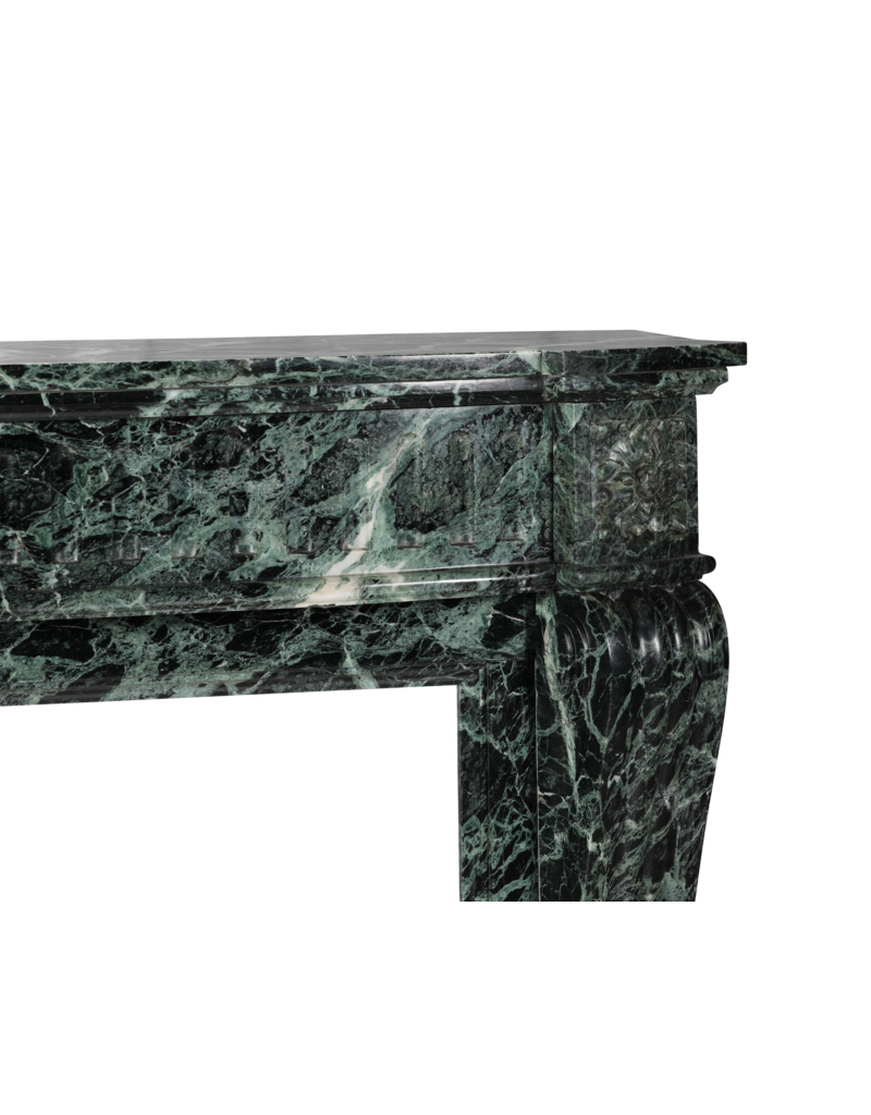 Maison Leon Van den Bogaert Authentic 19th Century Haussmannien Green Marble Fireplace Mantel – Louis XVI Style with Galbed Fronton and Sculptural Tablet – French Mondial Chic
