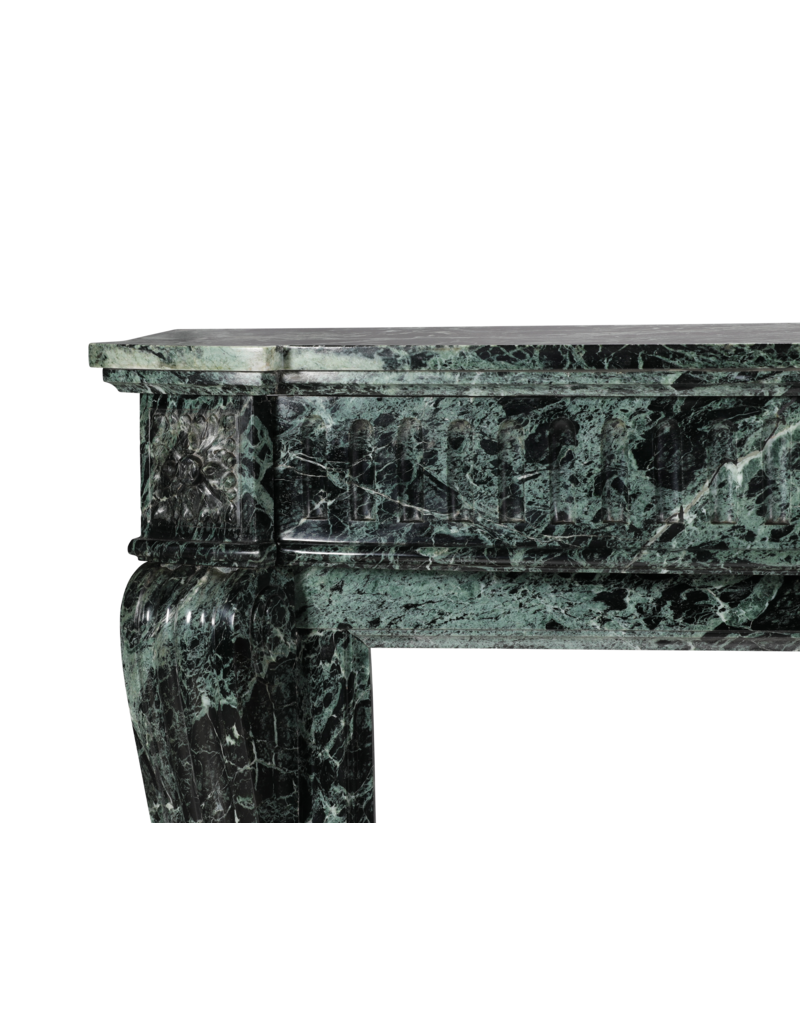 Maison Leon Van den Bogaert Authentic 19th Century Haussmannien Green Marble Fireplace Mantel – Louis XVI Style with Galbed Fronton and Sculptural Tablet – French Mondial Chic