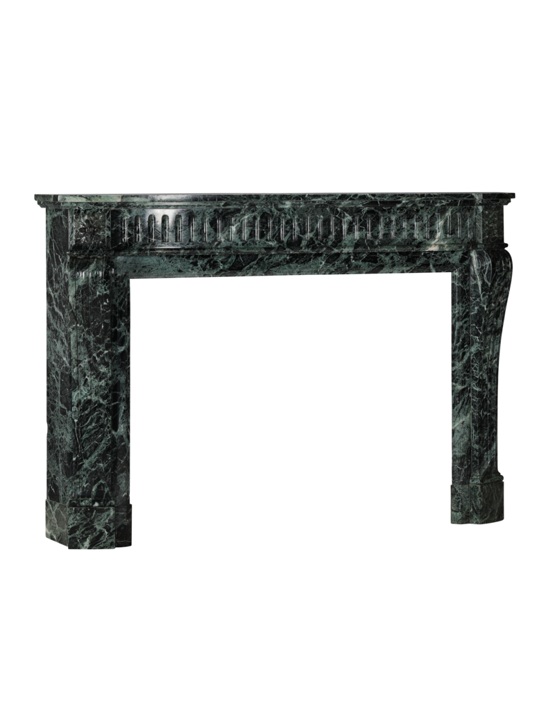 Authentic 19th Century Haussmannien Green Marble Fireplace Mantel – Louis XVI Style with Galbed Fronton and Sculptural Tablet – French Mondial Chic