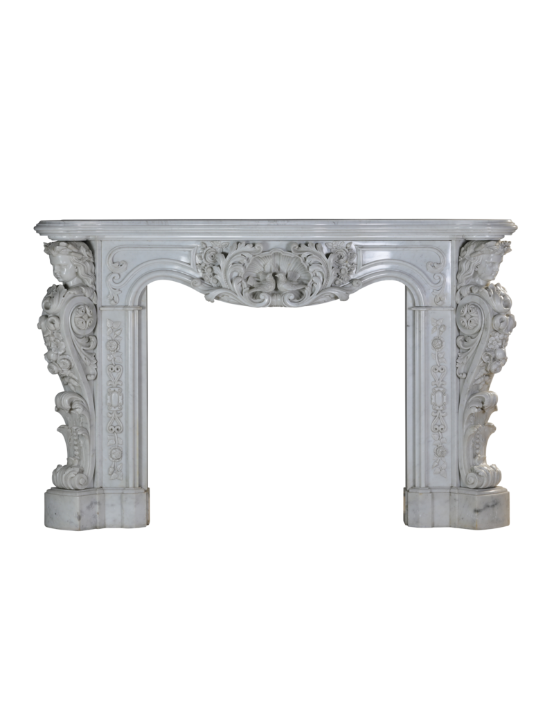 Exceptional 19th Century Napoleon III Carrara Marble Fireplace with Sculptural Female Busts, Floral Garlands and Symbolic Doves of Peace – Second Empire Masterpiece