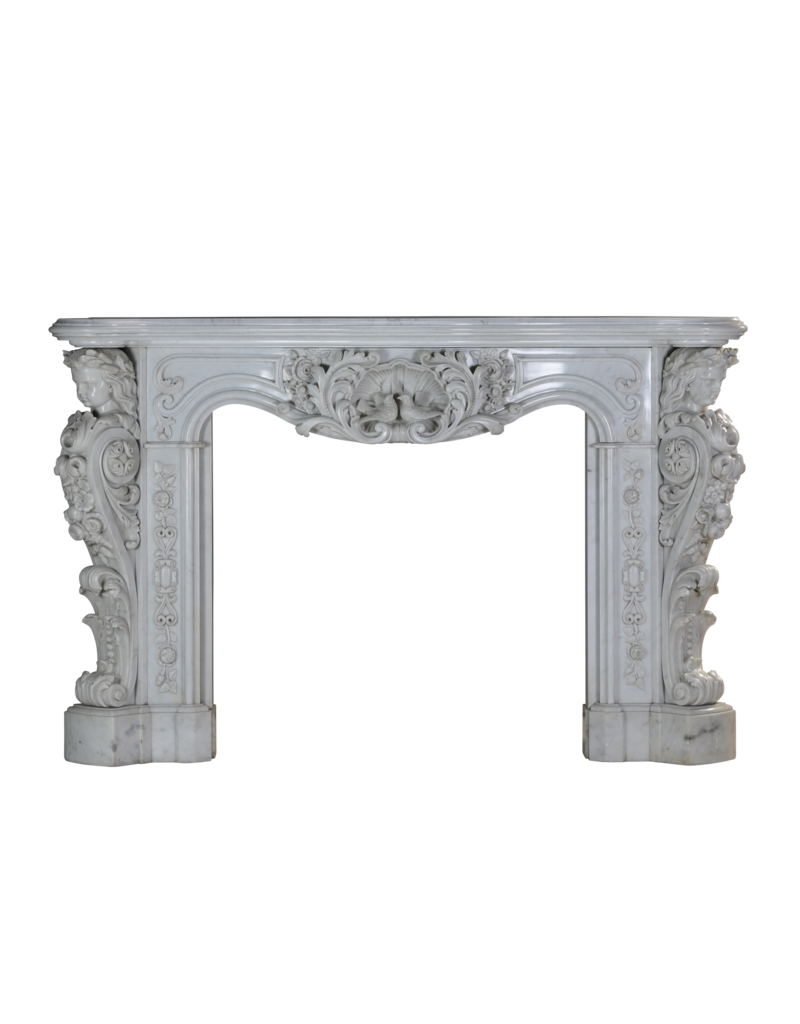 Maison Leon Van den Bogaert Exceptional 19th Century Napoleon III Carrara Marble Fireplace with Sculptural Female Busts, Floral Garlands and Symbolic Doves of Peace – Second Empire Masterpiece