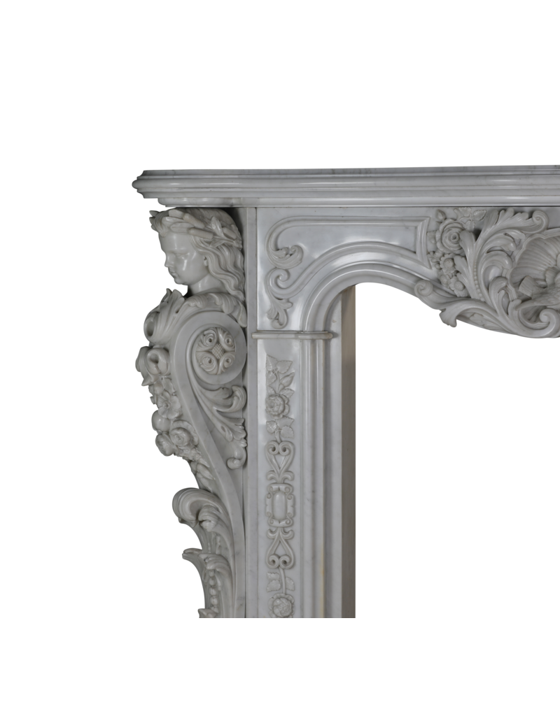 Exceptional 19th Century Napoleon III Carrara Marble Fireplace with Sculptural Female Busts, Floral Garlands and Symbolic Doves of Peace – Second Empire Masterpiece