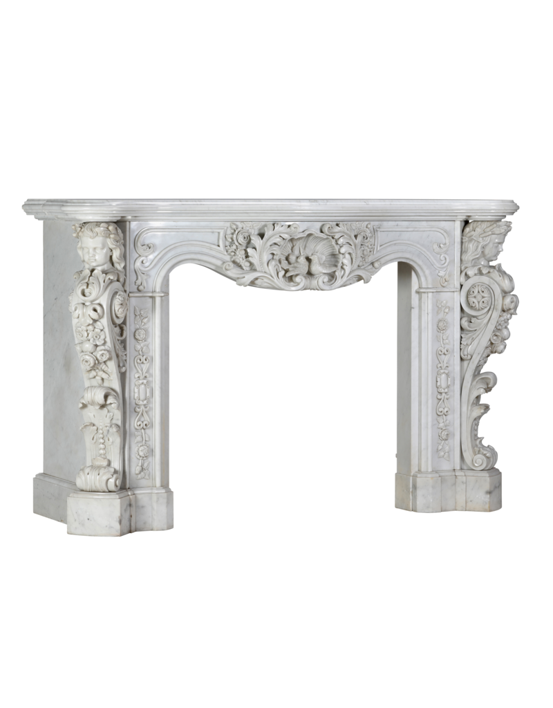 Exceptional 19th Century Napoleon III Carrara Marble Fireplace with Sculptural Female Busts, Floral Garlands and Symbolic Doves of Peace – Second Empire Masterpiece