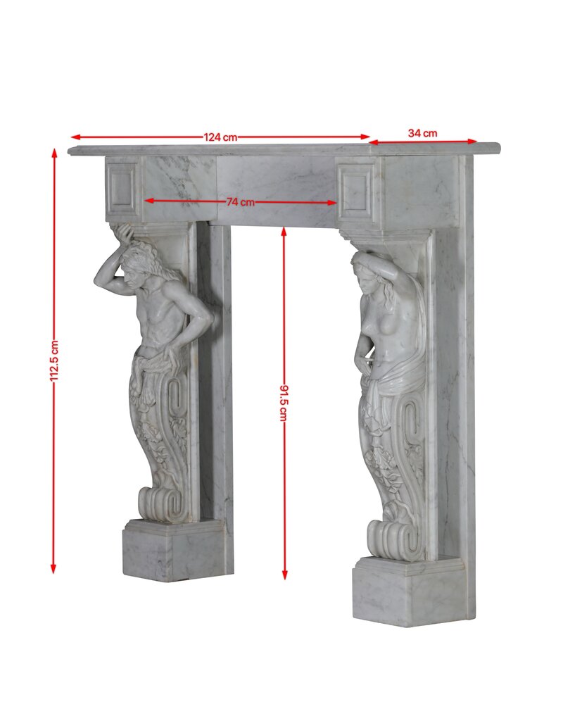 Maison Leon Van den Bogaert Monumental Neo-Classical Fireplace Surround with Sculptural Caryatids in Carrara Marble – Architectural Masterpiece