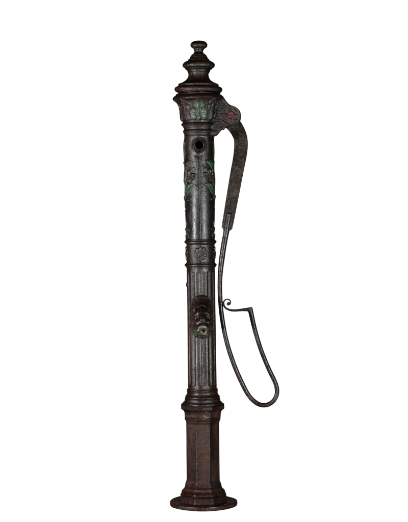 Monumental 19th Century Cast Iron Water Pump with Floral Reliefs and Sculpted Spout Head