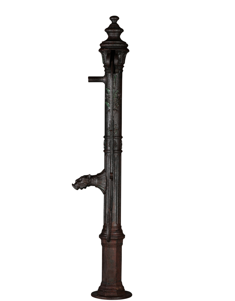 Monumental 19th Century Cast Iron Water Pump with Floral Reliefs and Sculpted Spout Head