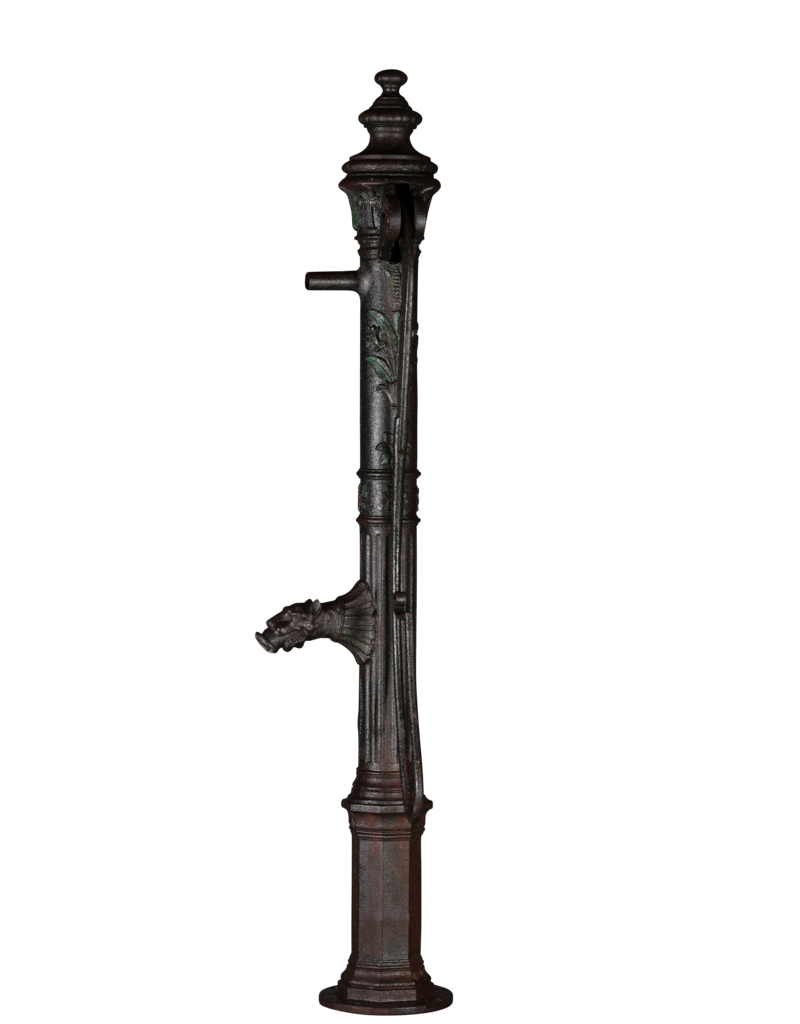 Monumental 19th Century Cast Iron Water Pump with Floral Reliefs and Sculpted Spout Head