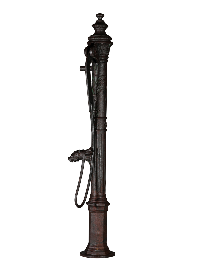 Monumental 19th Century Cast Iron Water Pump with Floral Reliefs and Sculpted Spout Head