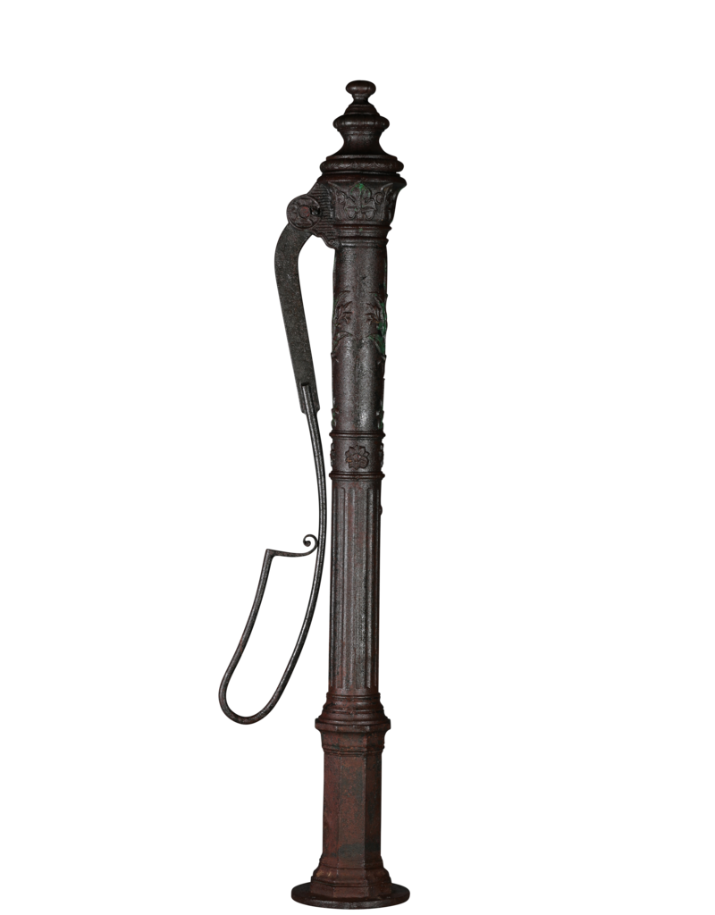 Monumental 19th Century Cast Iron Water Pump with Floral Reliefs and Sculpted Spout Head