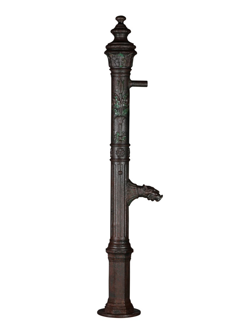 Monumental 19th Century Cast Iron Water Pump with Floral Reliefs and Sculpted Spout Head