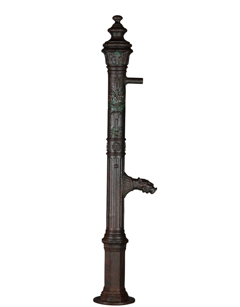Monumental 19th Century Cast Iron Water Pump with Floral Reliefs and Sculpted Spout Head