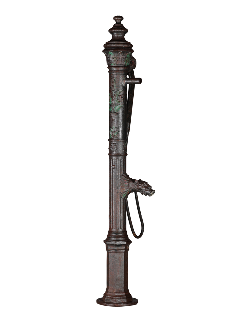 Monumental 19th Century Cast Iron Water Pump with Floral Reliefs and Sculpted Spout Head