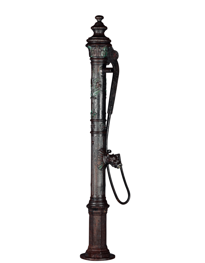 Monumental 19th Century Cast Iron Water Pump with Floral Reliefs and Sculpted Spout Head