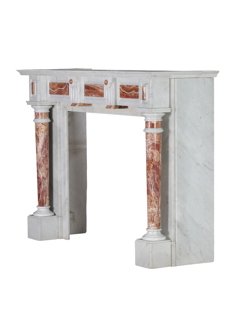 Exclusieve 19e Eeuwse Witte Marmeren Schouw met Perzisch Rood Onyx Zuilen – Luxe Antieke Sierschouw