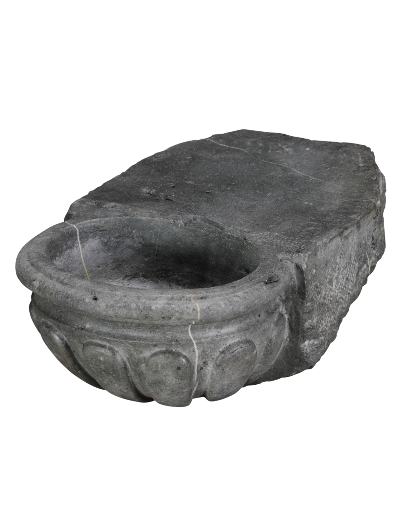 Maison Leon Van den Bogaert Rare Antique Belgian Blue Limestone Benetier – Hand Carved Sculptural Wall Basin in Oxidised Hardstone for Luxury Powder Room or Guest Restroom