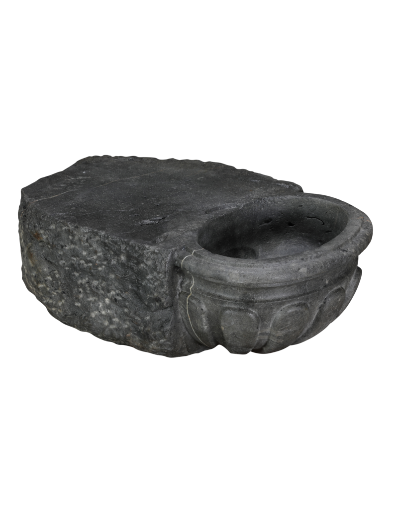 Maison Leon Van den Bogaert Rare Antique Belgian Blue Limestone Benetier – Hand Carved Sculptural Wall Basin in Oxidised Hardstone for Luxury Powder Room or Guest Restroom