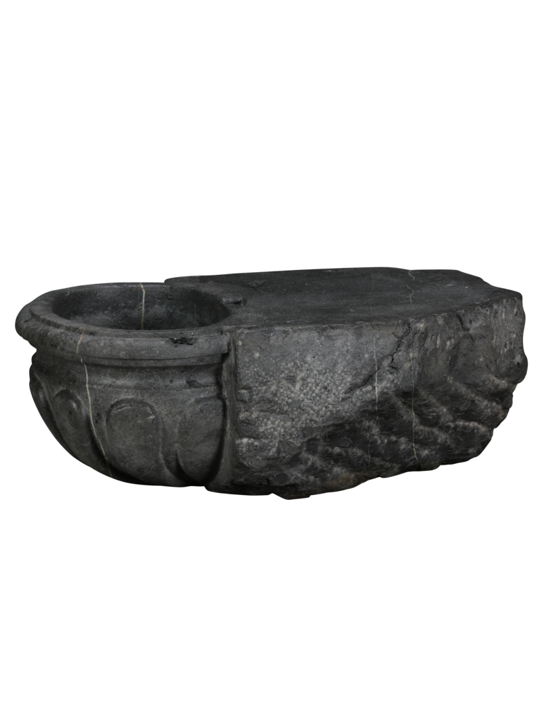 Maison Leon Van den Bogaert Rare Antique Belgian Blue Limestone Benetier – Hand Carved Sculptural Wall Basin in Oxidised Hardstone for Luxury Powder Room or Guest Restroom