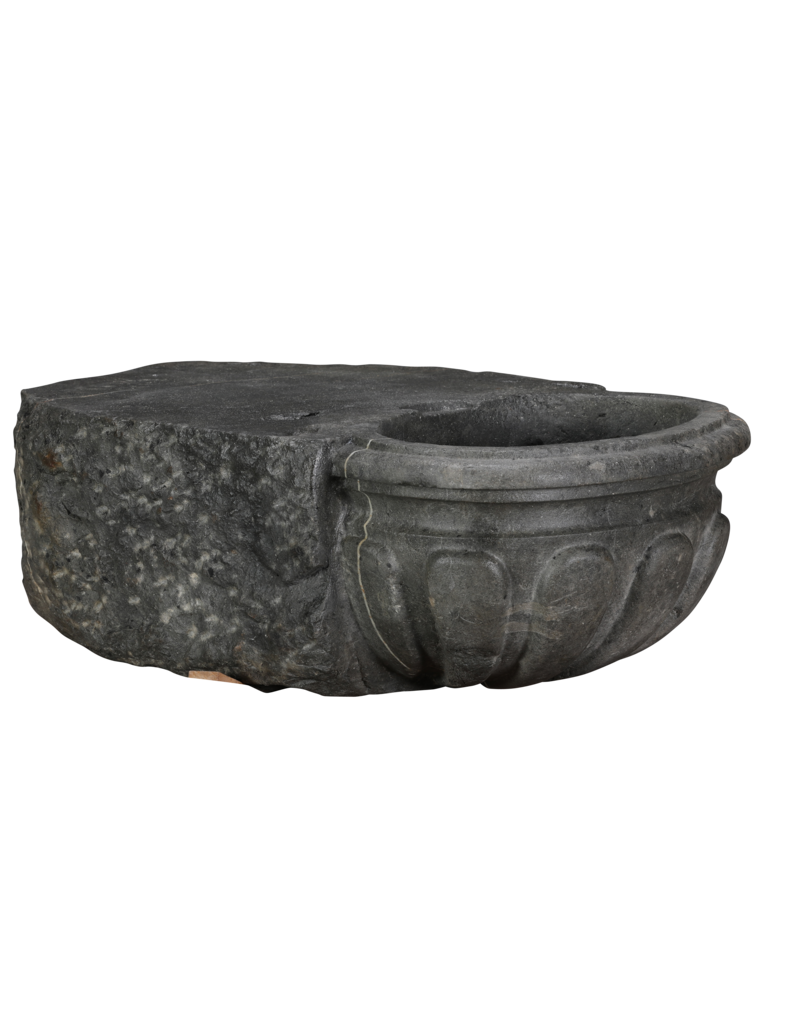 Maison Leon Van den Bogaert Rare Antique Belgian Blue Limestone Benetier – Hand Carved Sculptural Wall Basin in Oxidised Hardstone for Luxury Powder Room or Guest Restroom