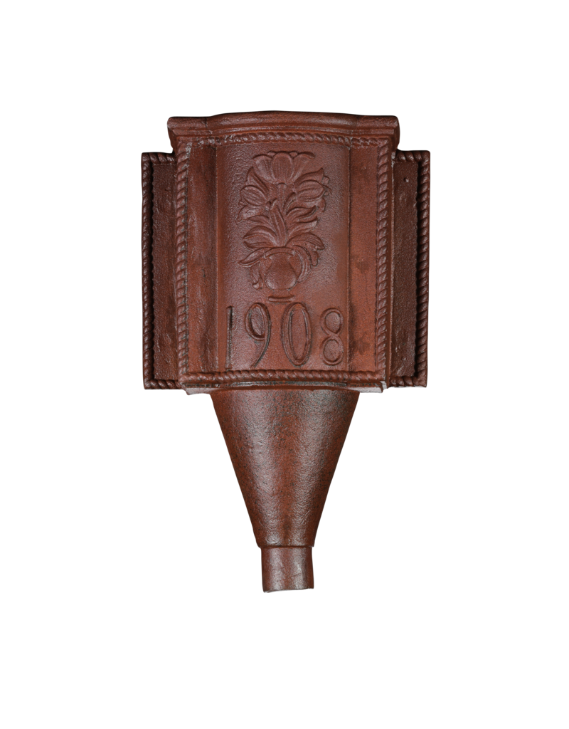 Exclusiva tolva de agua de lluvia de hierro fundido – 1908 – elemento arquitectónico decorado con jarrón floral