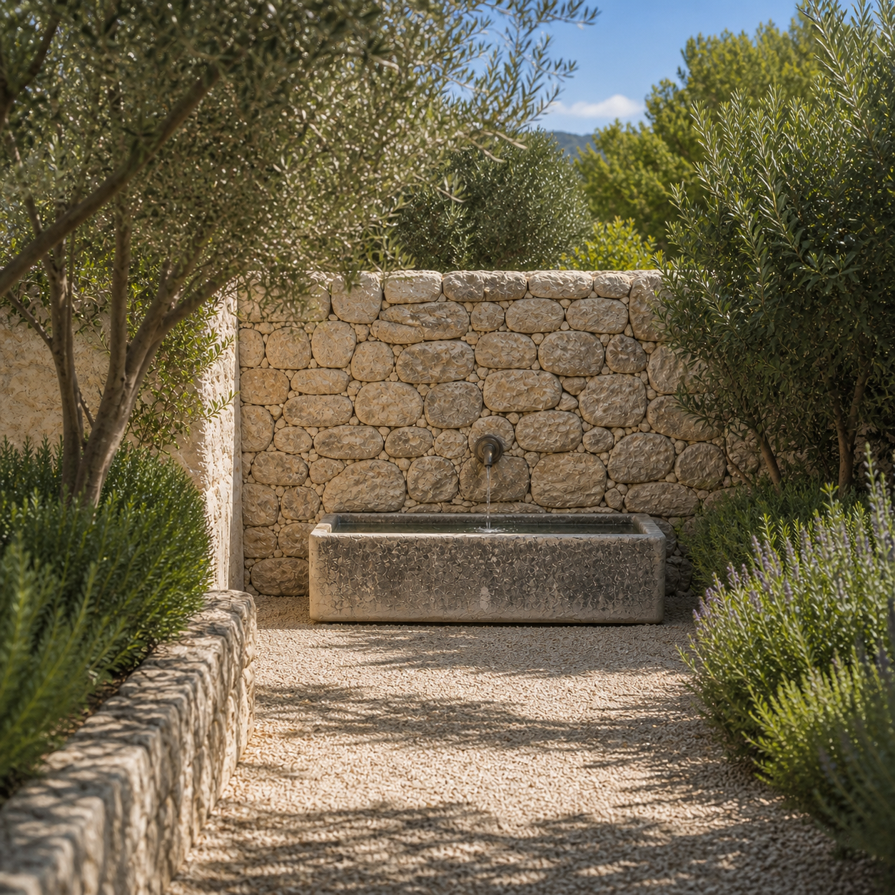 Antiguo Pilón de Piedra Natural como Fuente de Jardín – 56 cm - Estilo Ibiza