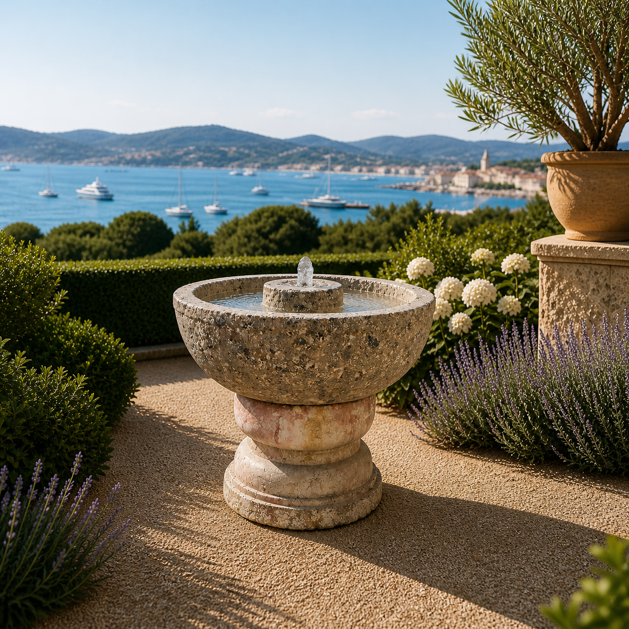 Antique Marble Fountain in a Mediterranean Garden Overlooking Saint-Tropez Bay