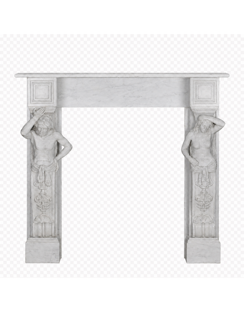 Private-Collection Monumental Neoclassical Fireplace Surround with Sculptural Caryatids in Carrara Marble – Architectural Masterpiece