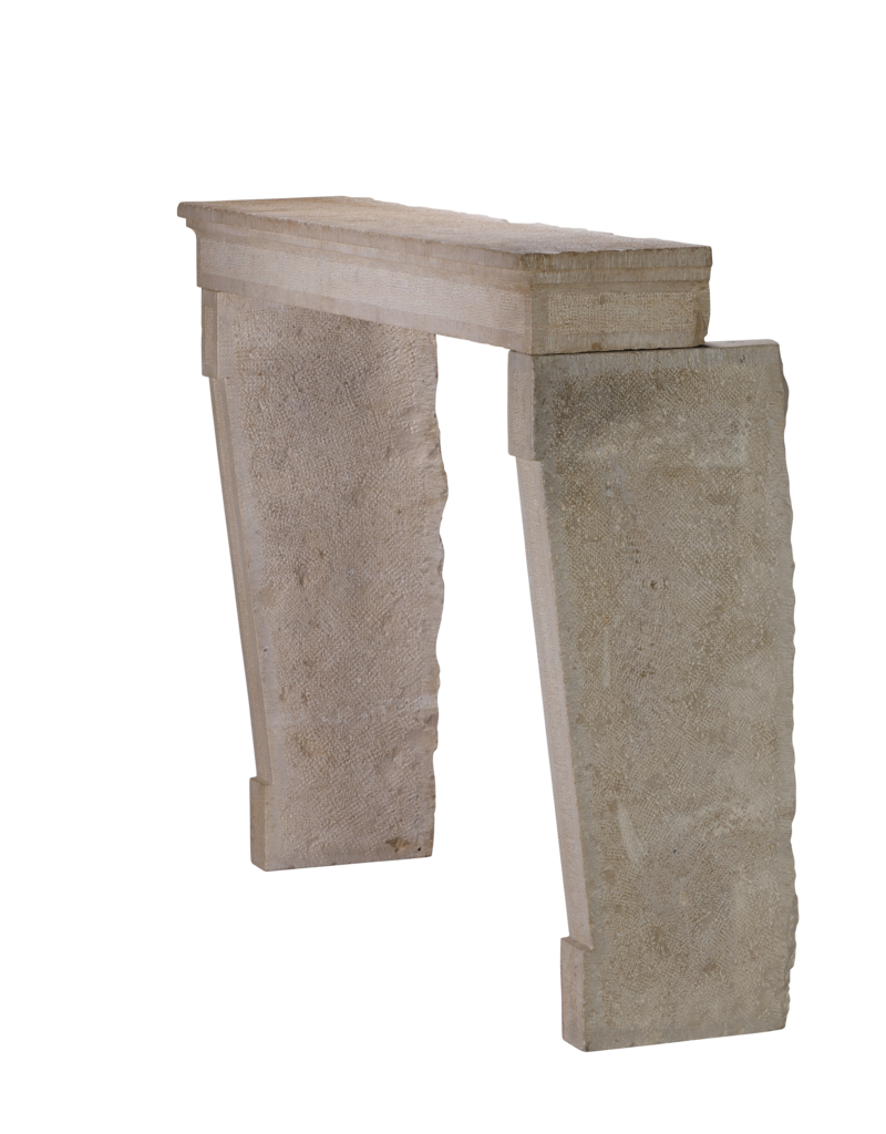 Maison Leon Van den Bogaert 17th Century Rustic French Hard Limestone Fireplace Mantel with Hand-Carved Hammered and Chamfered Details