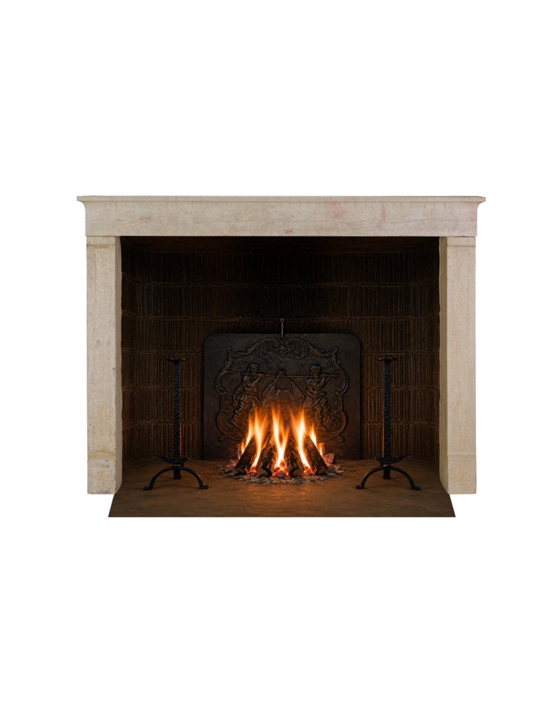 Maison Leon Van den Bogaert 17th Century Rustic French Hard Limestone Fireplace Mantel with Straight Fronton, Straight Jambs and Hand-Carved Hammered Texture