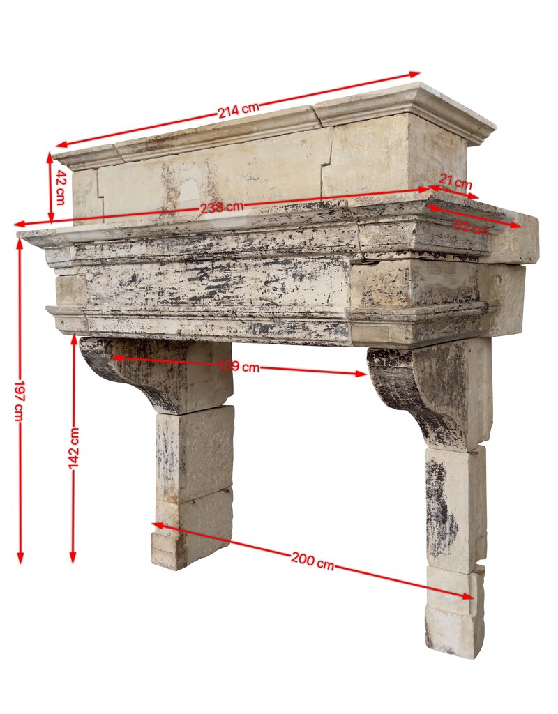 Maison Leon Van den Bogaert Authentic French Louis XIII Limestone Fireplace Mantel with Monumental Upper Mantel – 17th Century Castle Fireplace Surround in Warm Patinated Natural Stone
