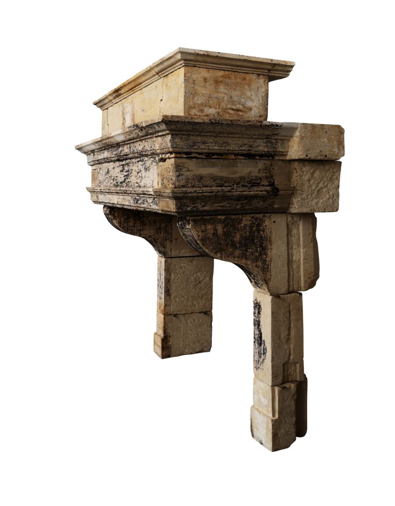 Maison Leon Van den Bogaert Authentic French Louis XIII Limestone Fireplace Mantel with Monumental Upper Mantel – 17th Century Castle Fireplace Surround in Warm Patinated Natural Stone