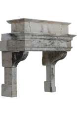 Maison Leon Van den Bogaert Authentic French Louis XIII Limestone Fireplace Mantel with Monumental Upper Mantel – 17th Century Castle Fireplace Surround in Warm Patinated Natural Stone