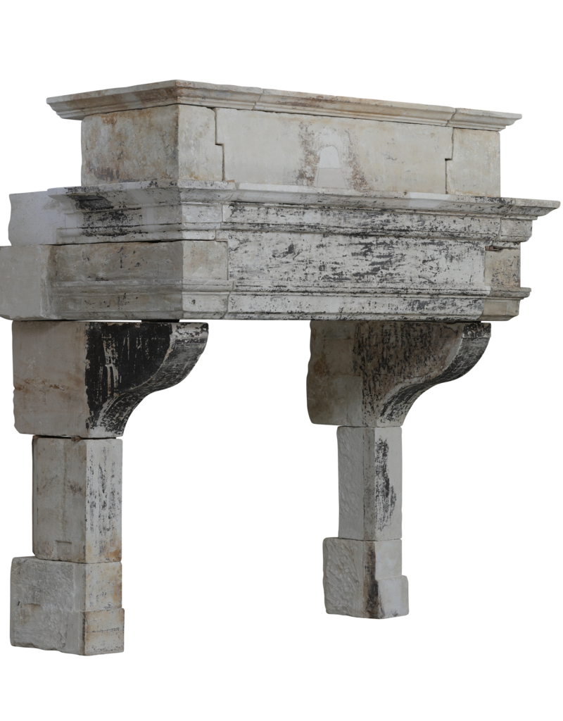 Maison Leon Van den Bogaert Authentic French Louis XIII Limestone Fireplace Mantel with Monumental Upper Mantel – 17th Century Castle Fireplace Surround in Warm Patinated Natural Stone
