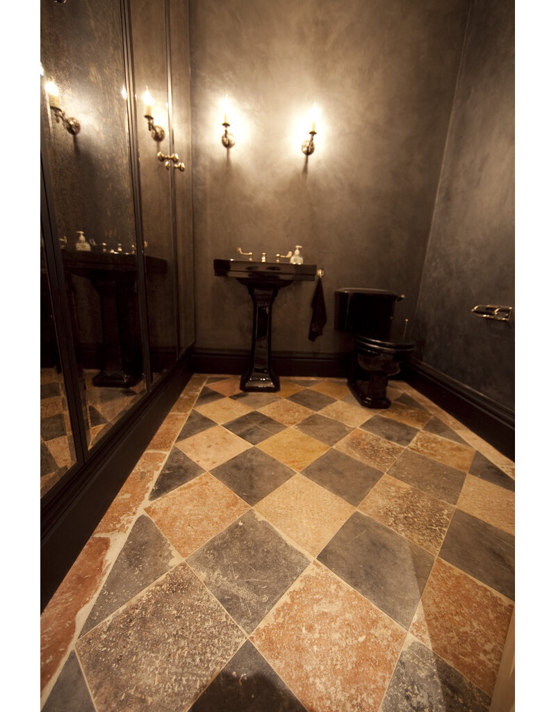Maison Leon Van den Bogaert Square Black Stone Tiles Recut from Antique Reclaimed Flooring – 20 and 30 cm with Straight Edges