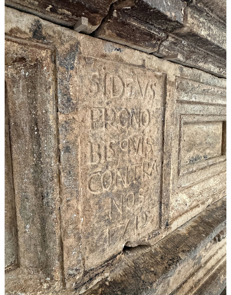 Monumental French Louis XIV Period Château Fireplace Dated 1712 with Latin Inscription and Louis XIII Influence