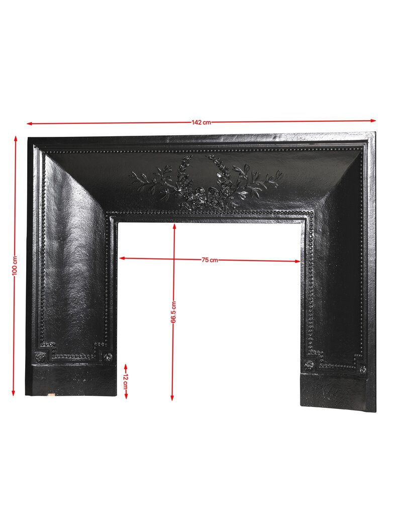 Maison Leon Van den Bogaert Old Cast Iron Fireplace Inner Frame with Wreath and Beading – 142 cm