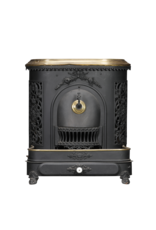 Maison Leon Van den Bogaert Decoratieve antieke gietijzeren kachel met messing rand, florale ornamenten en aslade