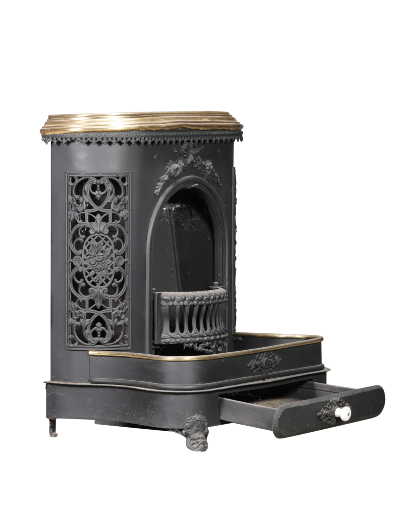 Maison Leon Van den Bogaert Decorative Antique Cast Iron Stove with Brass Trim, Floral Ornament and Ash Drawer