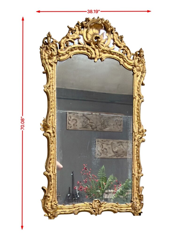 Maison Leon Van den Bogaert Antique French Régence Giltwood Mirror with Original Glass, Rocaille Carving and Rich Golden Patina – 178 cm High