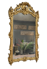 Maison Leon Van den Bogaert Antique French Régence Giltwood Mirror with Original Glass, Rocaille Carving and Rich Golden Patina – 178 cm High