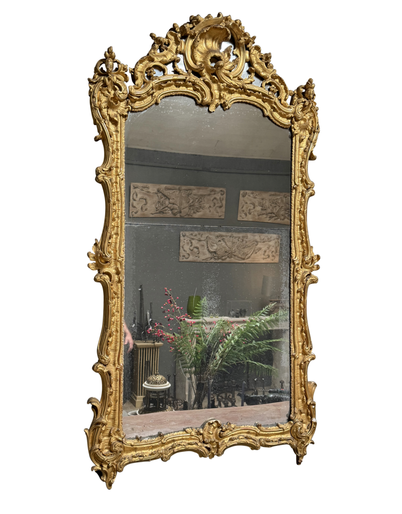 Maison Leon Van den Bogaert Antique French Régence Giltwood Mirror with Original Glass, Rocaille Carving and Rich Golden Patina – 178 cm High