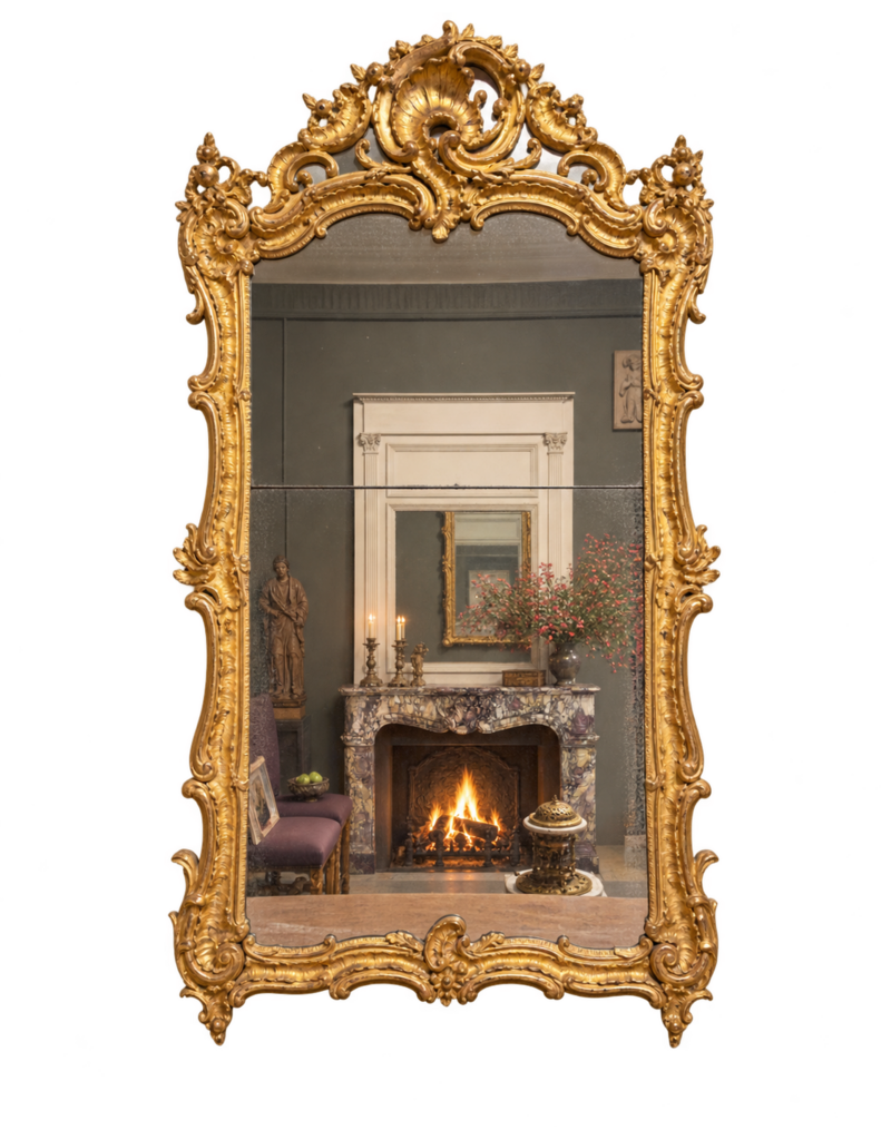 Maison Leon Van den Bogaert Espejo antiguo francés Régence de madera dorada con cristal original, talla rocaille y rica pátina dorada