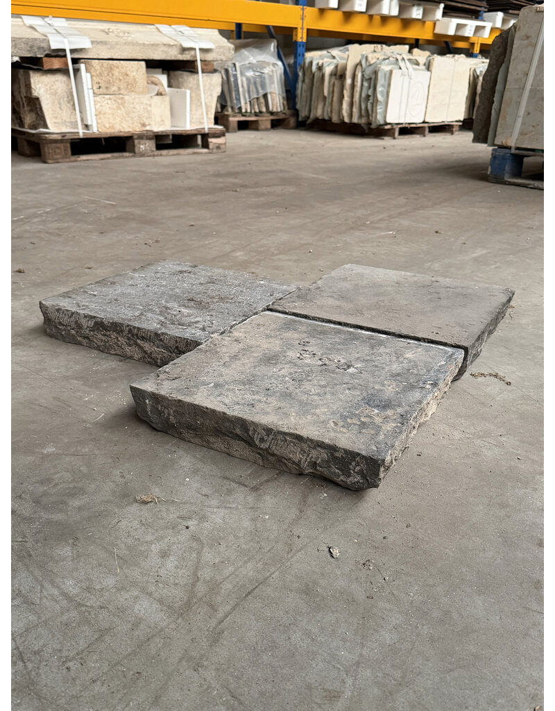 Maison Leon Van den Bogaert Antike belgische Blausteinplatten 38 cm x 38 cm – mit gehauenen Kanten und schöner Verwitterung