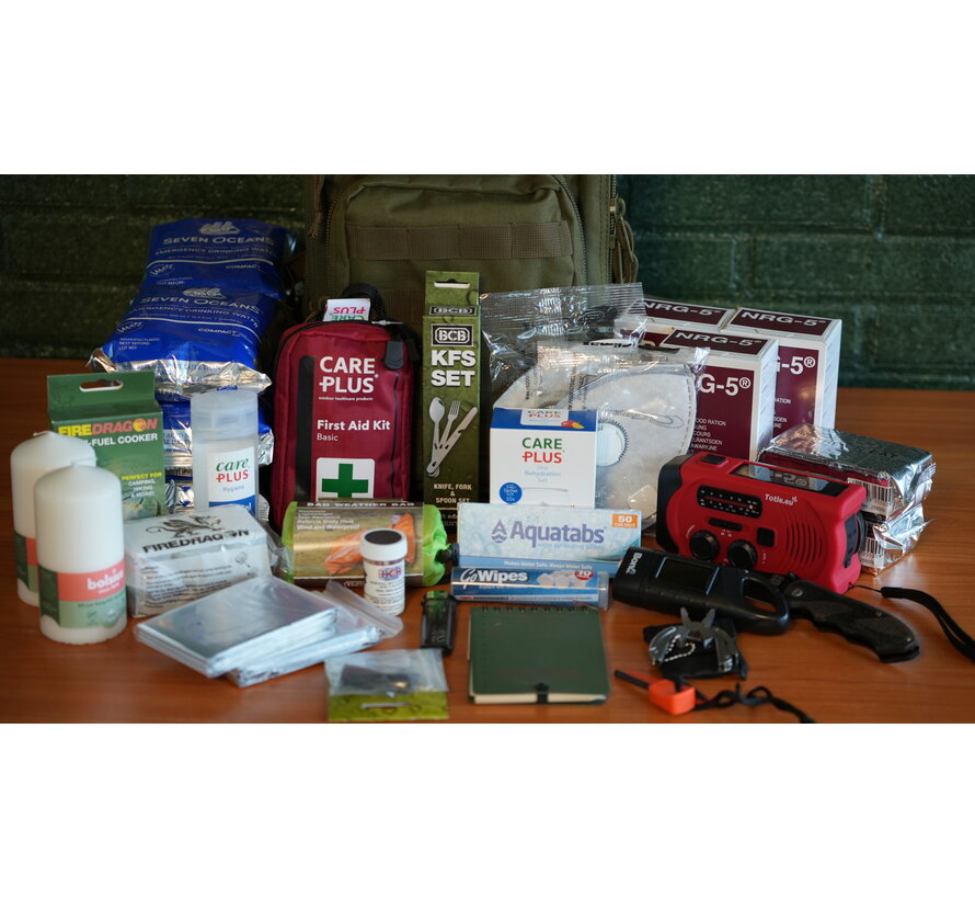 Bug Out Bag Basis – Compleet 72-uurs Noodpakket in 25L Rugzak – Voedsel, Water, EHBO, Kookgerei & Tools